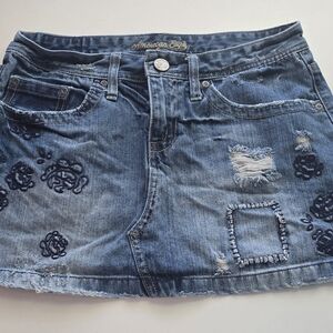 American Eagle Outfitters Distressed Embroidered Denim Skirt